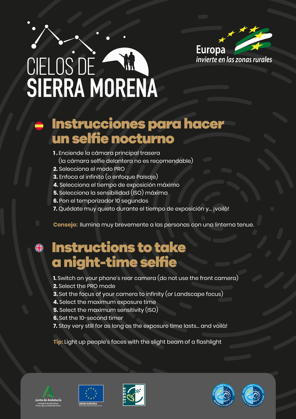 Cartel Instrucciones para hacer un selfie nocturno 